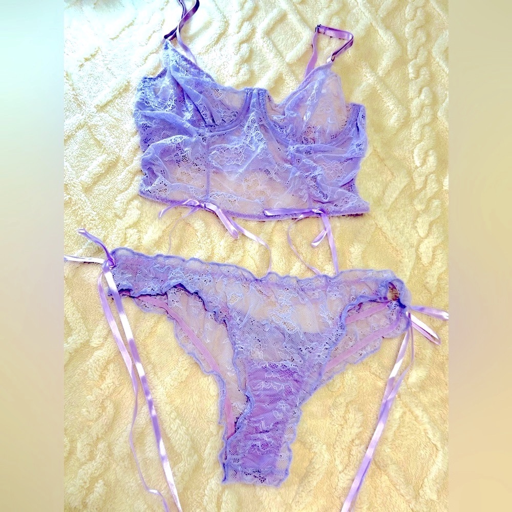 Mauve Purple Floral Lace Underwire Two Piece Lingerie Set